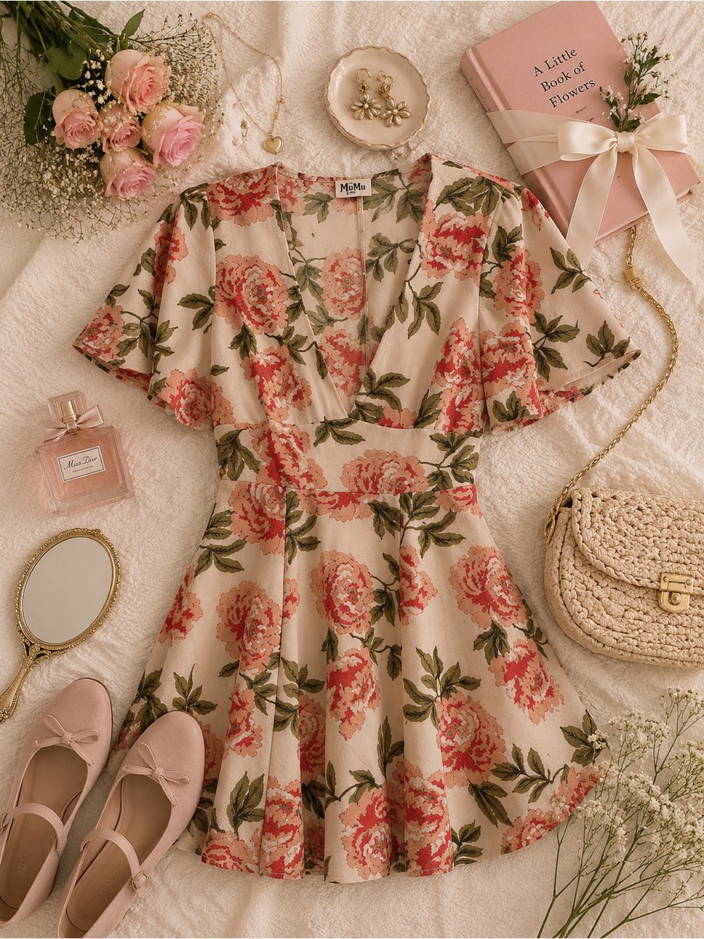 Show Me Your MuMu‎ Cream Mini Dress with Roses Floral Print